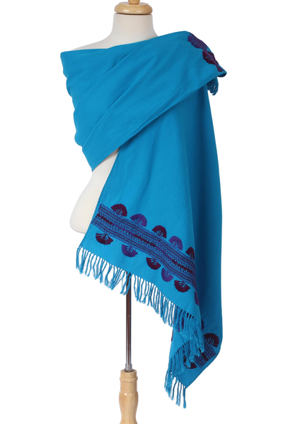 Cotton shawl, 'Above the Clouds' - Handwoven Embroidered Cotton Shawl in Turquoise from Mexico