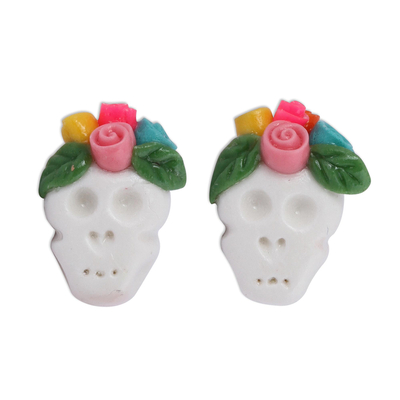 White Skull Pink Rose Crown Cold Porcelain Button Earrings
