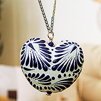 Ceramic pendant necklace, 'Heart of Mexico' - Hand Painted Ceramic Heart Pendant Necklace from Mexico