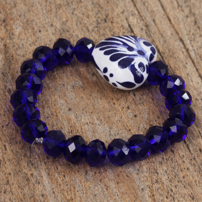 Ceramic and crystal beaded stretch bracelet, 'Celestial Delight' - Ceramic and Crystal Heart Beaded Bracelet from Mexico
