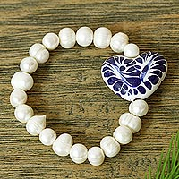 Cultured pearl and ceramic beaded stretch bracelet, 'Ethereal Delight' - Ceramic and Pearl Heart Beaded Stretch Bracelet from Mexico