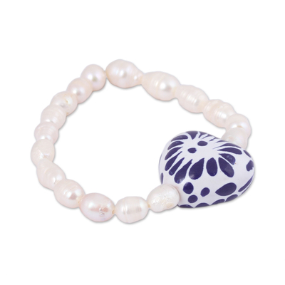 Cultured pearl and ceramic beaded stretch bracelet, 'Ethereal Delight' - Ceramic and Pearl Heart Beaded Stretch Bracelet from Mexico