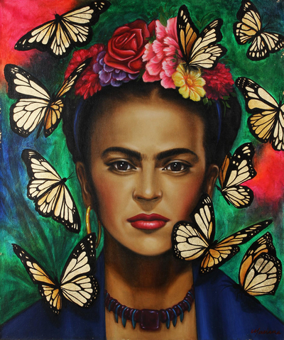 Art Framed Print/Painting Mexico Frida Kahlo portrait "Butterflys" 35"X24"  Huge! | eBay