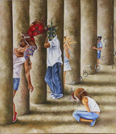 'Hidden' - Signed Surrealist Painting of Children from Mexico