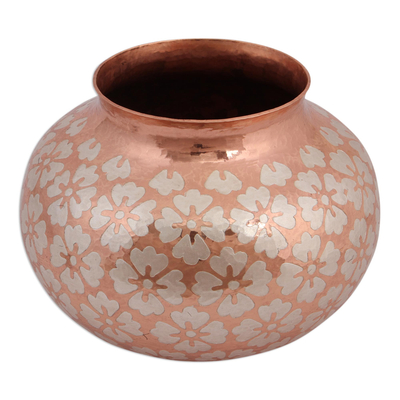 Floral Silver Accented Copper Vase from Mexico