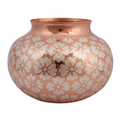 Silver accented copper vase, 'Classic Flowers' - Floral Silver Accented Copper Vase from Mexico