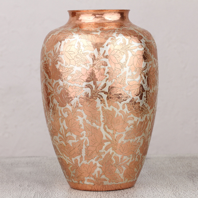 Jarrón decorativo de cobre - Jarrón floral de cobre y plata hecho a mano de México