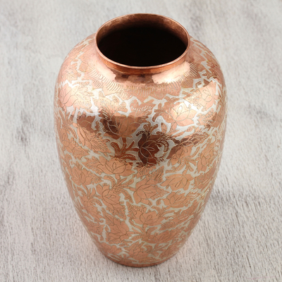 Copper decorative vase, 'Shining Glory' - Handcrafted Floral Copper and Silver Vase from Mexico