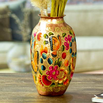 Copper vase, 'Butterfly Dance' - Handcrafted Copper and Gold Leaf Vase from Mexico
