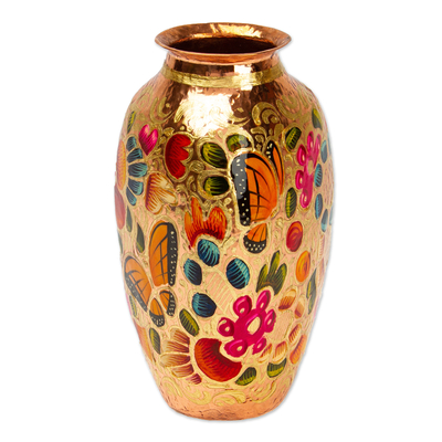 Copper vase, 'Butterfly Dance' - Handcrafted Copper and Gold Leaf Vase from Mexico