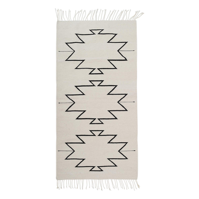 Zapotec area rug, 'Obsidian Geometry' (2.5x5) - Geometric Wool Area Rug in Ivory from Mexico (2.5x5)