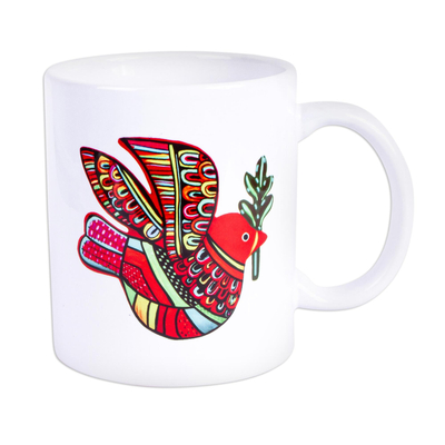 Ceramic mug, 'Red Peace Dove' - Ceramic Mug with a Hand-Painted Red Dove from Mexico