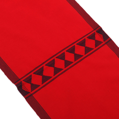 Cotton table runner, 'Festive Geometry in Red' - Geometric Cotton Table Runner in Red from Mexico