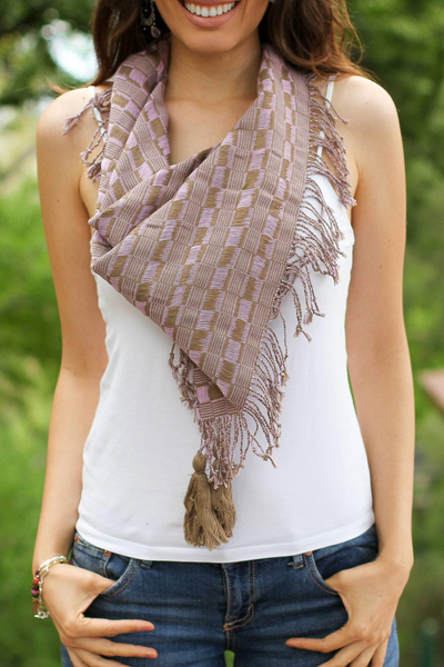 Cotton scarf, 'Old Lilac' - Handwoven Cotton Scarf in Sepia and Lilac from Mexico