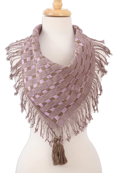 Cotton scarf, 'Old Lilac' - Handwoven Cotton Scarf in Sepia and Lilac from Mexico