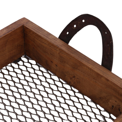 Wood and upcycled iron tray, 'Horseshoe Service' - Pinewood Tray with Upcycled Iron Horseshoe Handles