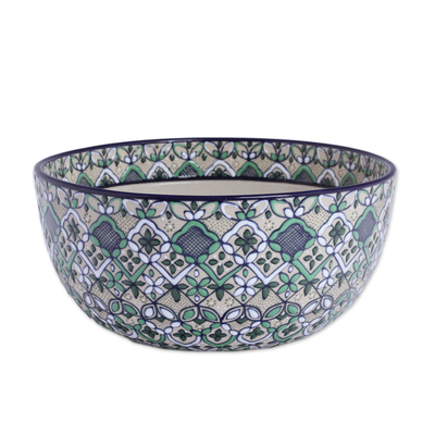 Ceramic serving bowl, 'Green Valley' - Hand-Painted Ceramic Serving Bowl in Green from Mexico