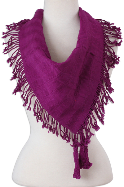 Cotton scarf, 'Mulberry Stripes' - Handwoven Square Cotton Scarf in Mulberry from Mexico