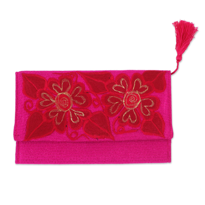 Floral Embroidered Cotton Clutch in Red from Mexico