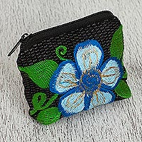 Cotton coin purse, 'Exalted Flower' - Floral Embroidered Cotton Coin Purse from Mexico