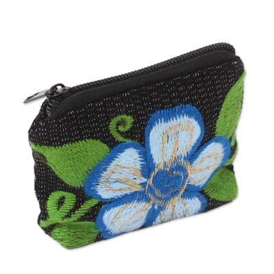 Cotton coin purse, 'Exalted Flower' - Floral Embroidered Cotton Coin Purse from Mexico