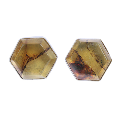 Amber cufflinks, 'Golden Hexagons' - Handcrafted Amber and Sterling Silver Hexagon Cufflinks