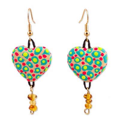 Colorful Heart-Shaped Amber Dangle Earrings from Mexico