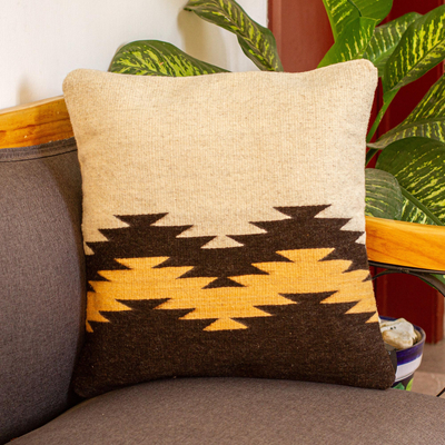 Zapotec wool cushion cover, 'Fret Waves in Brown' - Ivory and Brown Fret Motif Handwoven Wool Cushion Cover