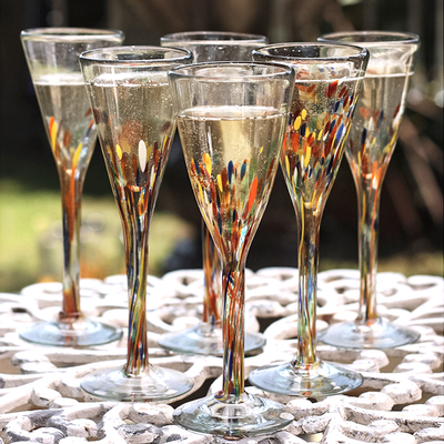 Champagne flutes, 'Confetti' (set of 6) - Mexican Handblown Glass Cocktail Champagne Flutes Set of 6