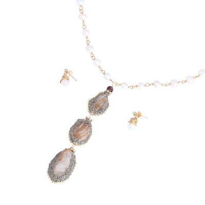 Gold Plated Cultured Pearl and Agate Geode Jewelry Set