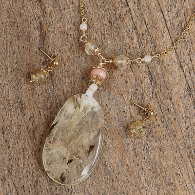Conjunto de joyas de ágata y cuarzo - Juego de collar y aretes de cuarzo y ágata bañados en oro