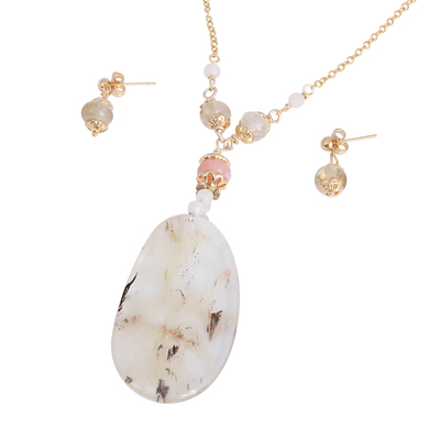 Agate and quartz jewelry set, 'Dazzling Light' - Gold Plated Quartz and Agate Necklace and Earring Set