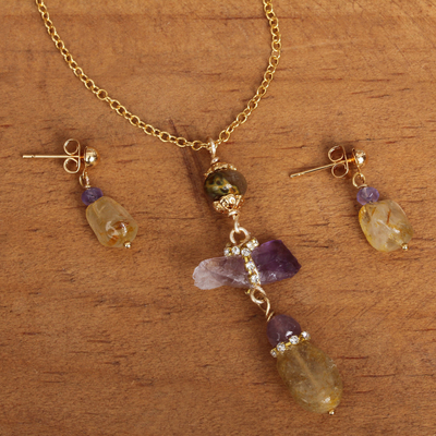 Gold plated multi-gemstone jewelry set, 'Mesmerizing Wonder' - Gold Plated Quartz and Agate Jewelry Set from Mexico