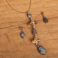 Gold plated multi-gemstone jewelry set, 'Cloudy Elegance' - Gold Plated Citrine and Labradorite Jewelry Set from Mexico