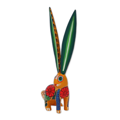 Escultura de alebrije de madera, 'Conejo de orejas grandes' - Escultura de conejo Alebrije de madera pintada a mano de México