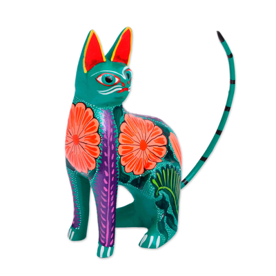 Wood alebrije figurine, 'Floral Feline' - Handcrafted Copal Wood Alebrije Cat Figurine from Mexico