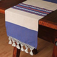 Cotton and silk blend table runner, 'Blue-Violet Beach' - Cotton and Silk Blend Table Runner Blue-Violet and Beige