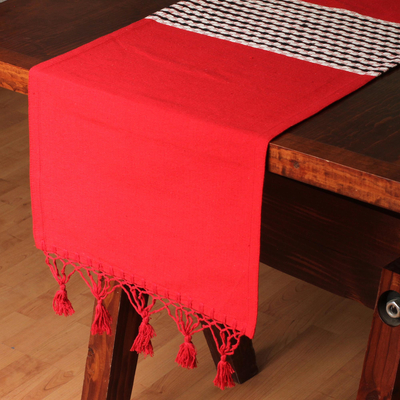 Cotton and silk blend table runner, 'Claret Clay' - Cotton and Silk Blend Table Runner in Claret Red from Mexico