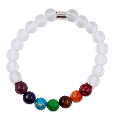 Agate and tiger's eye beaded stretch bracelet, 'Seven Chakras in White' - Agate and Tiger's Eye Chakra Bracelet in White from Mexico