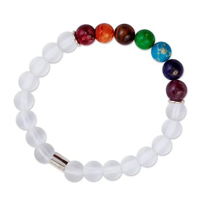 Agate and tiger's eye beaded stretch bracelet, 'Seven Chakras in White' - Agate and Tiger's Eye Chakra Bracelet in White from Mexico