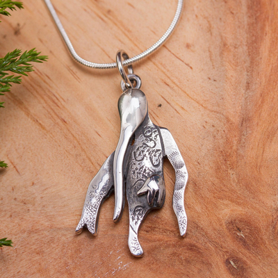 Sterling silver pendant necklace, 'Perched Hummingbird' - Landing Hummingbird Sterling Silver Pendant Necklace