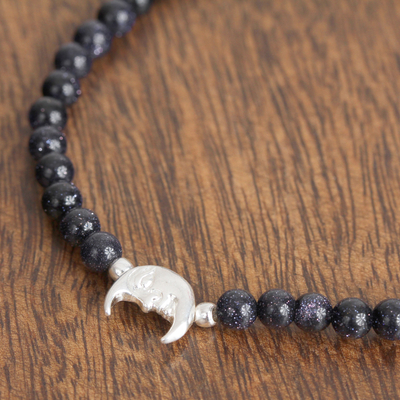 Agate beaded stretch bracelet, 'Moon in the Stars' - Deep Blue Agate with Sterling Silver Moon Pendant Bracelet