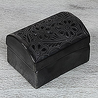 Ceramic decorative box, 'Barro Negro Flowers' - Floral Barro Negro Ceramic Decorative Box from Mexico