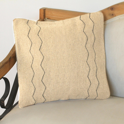 Wool cushion cover, 'Beige Zigzags' - Handwoven Zapotec Wool Cushion Cover in Beige from Mexico