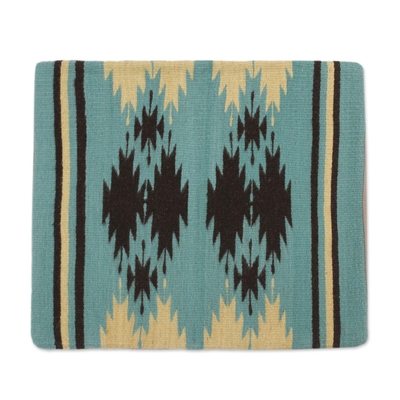 Kissenbezug aus Zapotec-Wolle - Handgewebter geometrischer Kissenbezug aus Wolle in Meeresgrün