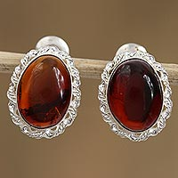 Amber drop earrings, 'Ancient Pools' - Handcrafted Oval Amber and Sterling Silver Drop Earrings