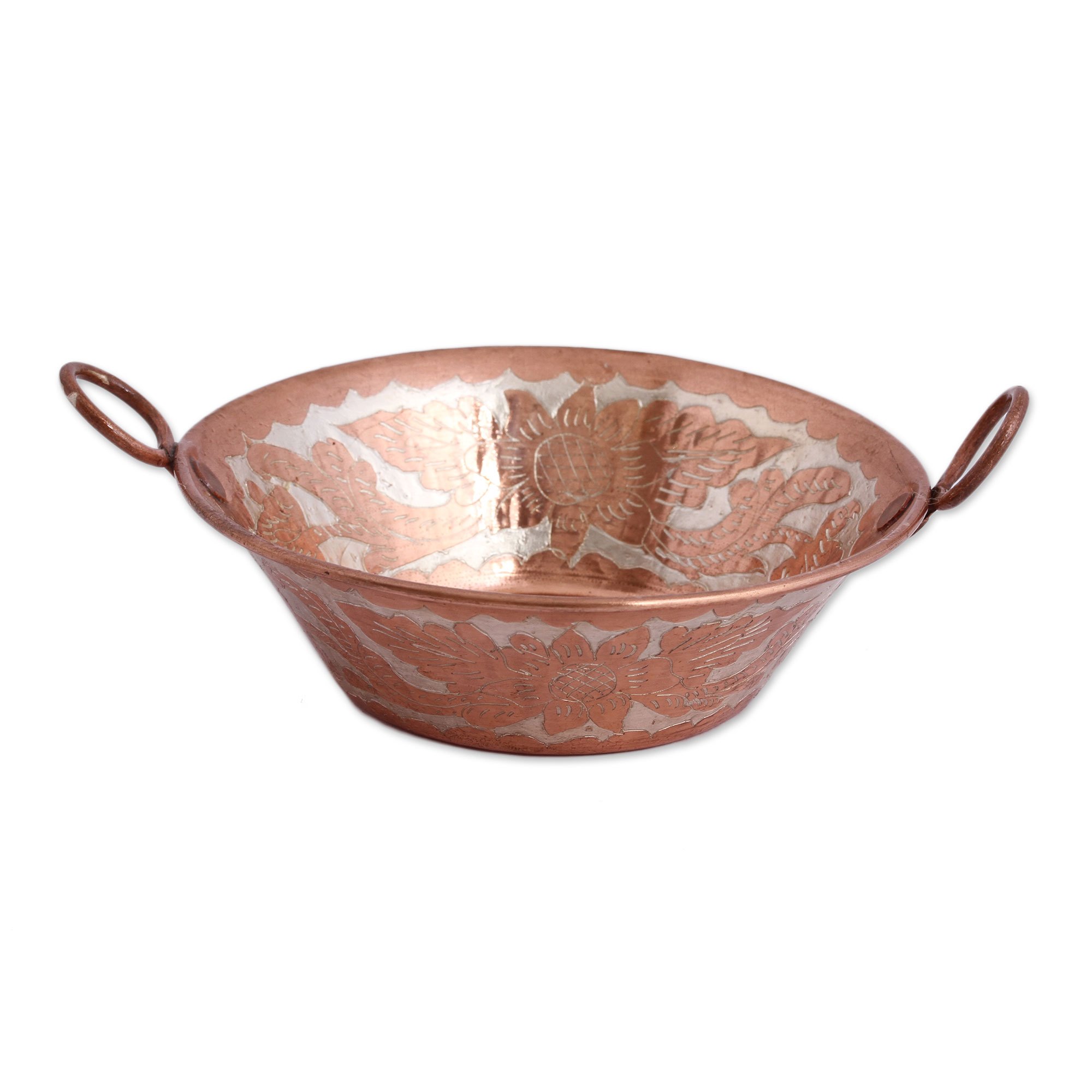 Handmade Floral Copper Decorative Bowl from Mexico Gleaming Flowers