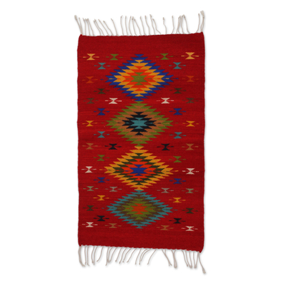 Wool area rug, 'Claret Rhombi' (2x3.5) - Zapotec Wool Area Rug in Red from Mexico (2x3.5)