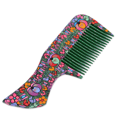 Wood comb, 'Spring Vine' - Hand-Painted Floral Wood Comb from Mexico