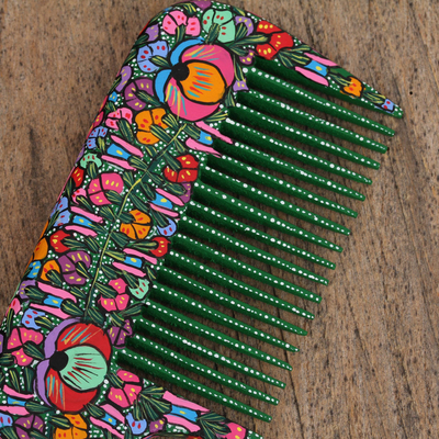 Wood comb, 'Spring Vine' - Hand-Painted Floral Wood Comb from Mexico